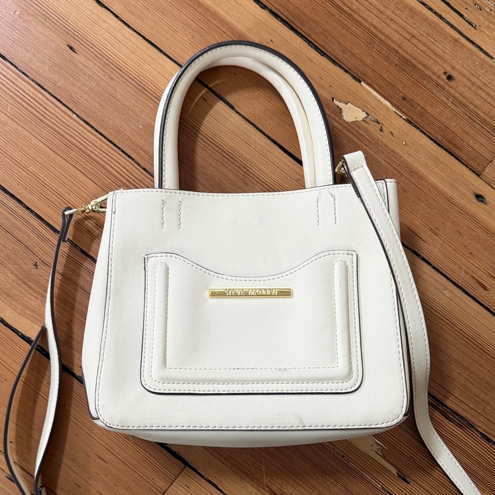 Steve Madden Cream Leather Top-Handle Satchel with Gold Hardware